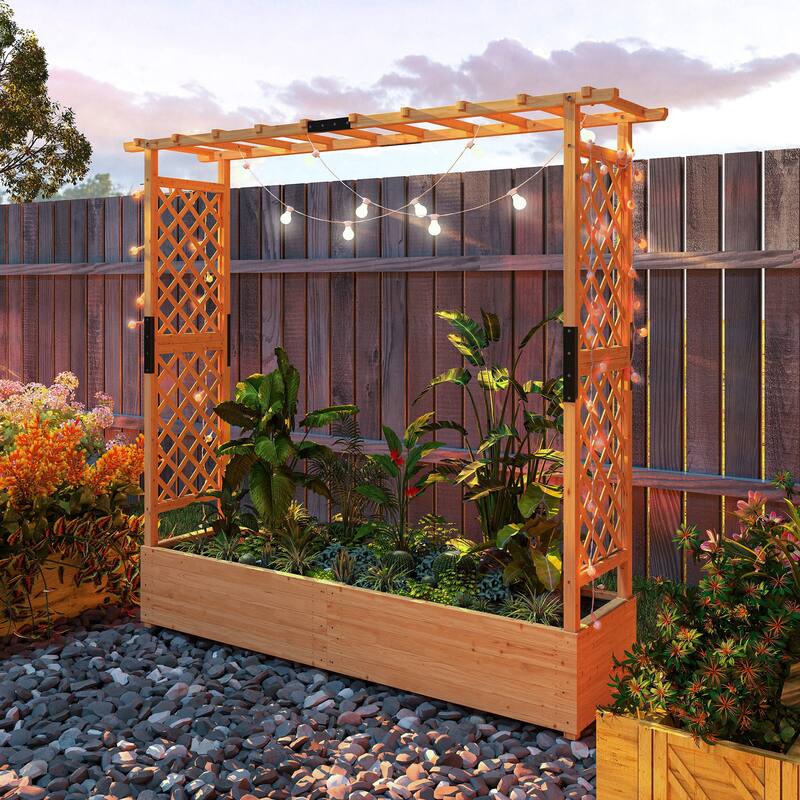 Outsunny Raised Garden Bed with Trellis, Wooden Planter Box with Hanging Roof and Drainage Holes, 77.2" x 17.3" x 71.3", Natural