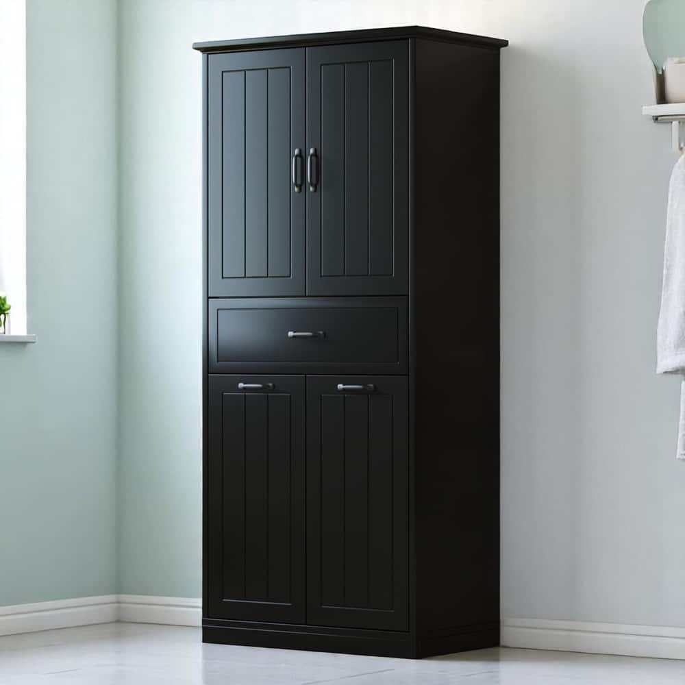 Freestanding Bathroom Cabinet with Laundry Hampers and Drawer, Tall Storage Unit with Adjustable Shelves and Doors