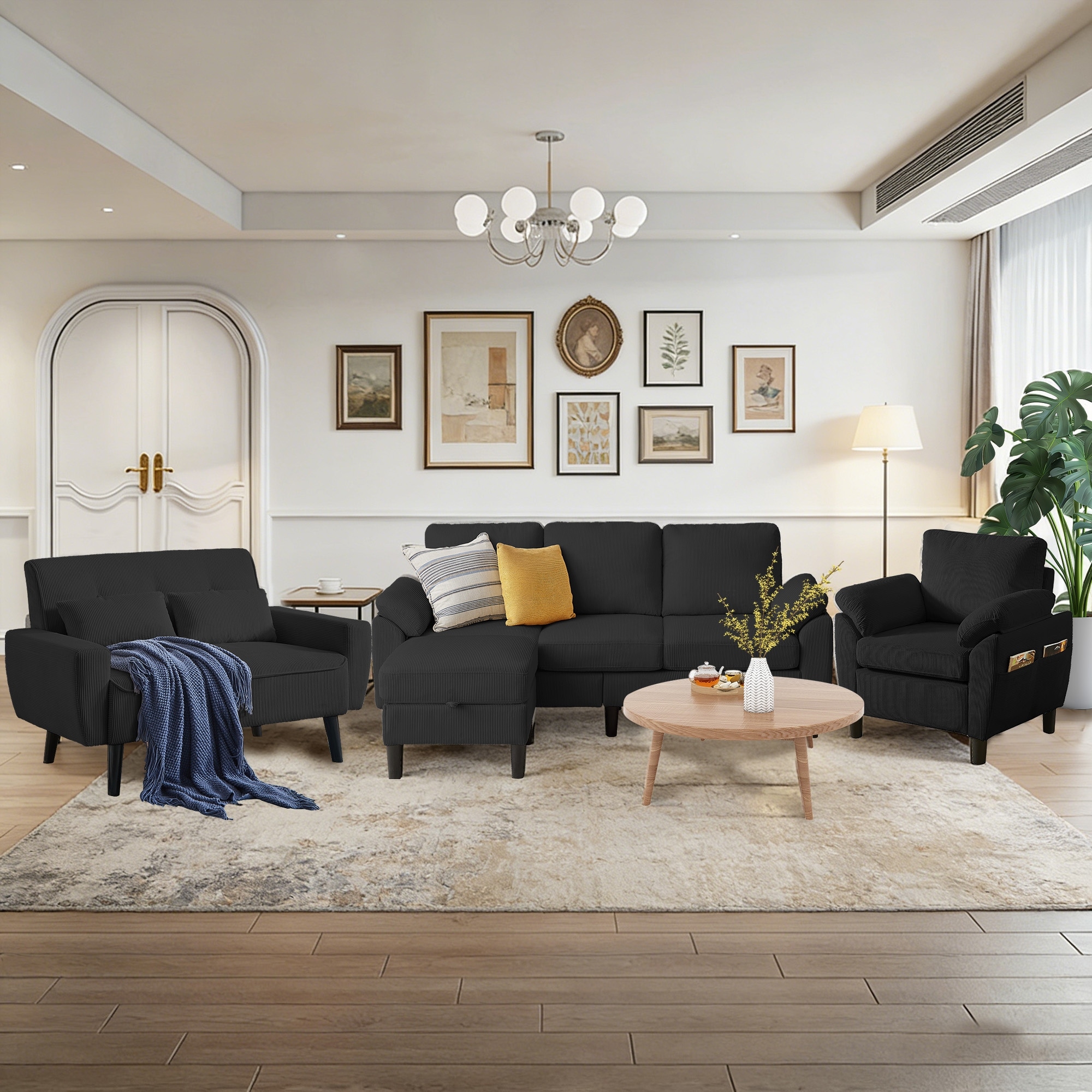 4-Piece Corduroy Living Room Sectional Sofa Set with Loveseat and Chair
