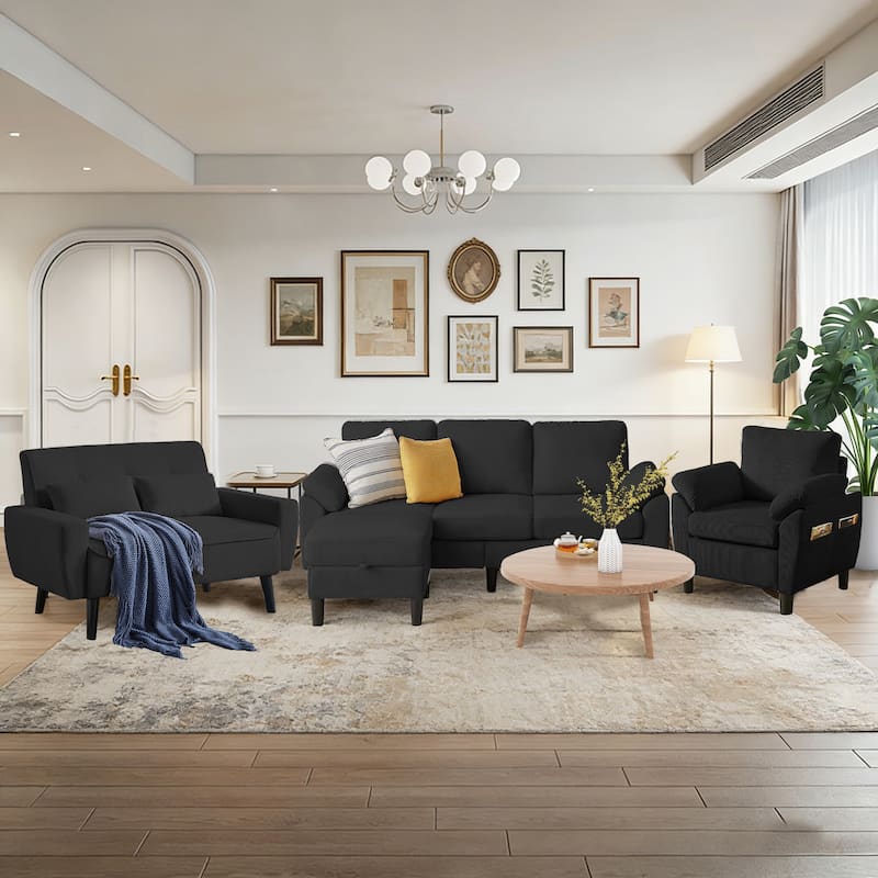 4-Piece Living Room Sectional Sofa Set with Loveseat and Chair - Black