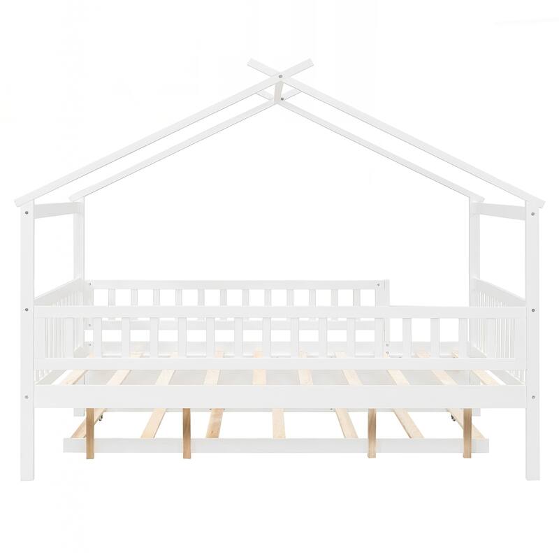 Full Size Wooden House Bed with Twin Size Trundle