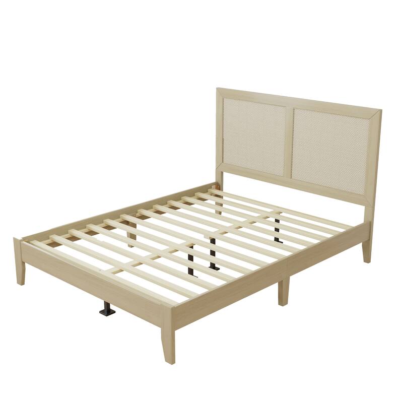 Solid Wood Platform Bed, Queen/King Bed Frame with Rattan Headboard