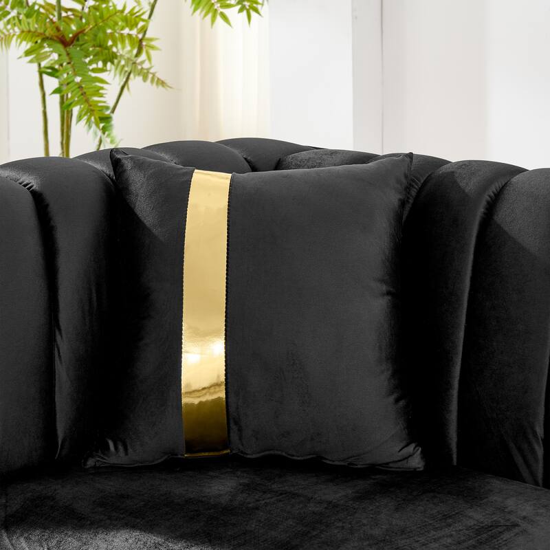 69 Inches Black Velvet Loveseat with Gold Stainless Steel Trims and Embroidered Texture