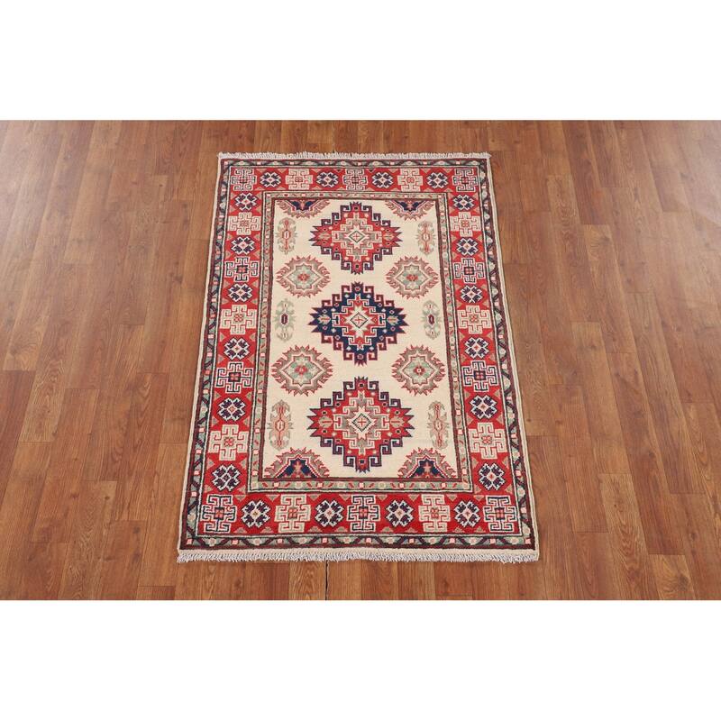 Ivory Kazak Foyer Rug Hand-Knotted Wool Carpet - 2'9" x 4'1"