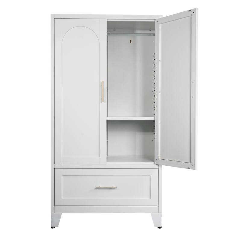 60" Tall Metal Wardrobe Cabinet with 1 Drawer and Hanging Rod, 2 Doors Wardrobe Closet with Shelf