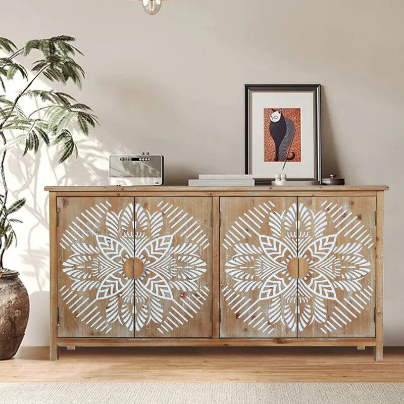 60-Inch Wood Accent Cabinet with Four Doors – Brown & Antique White Modern Pantry Storage, Buffet, Media Console.