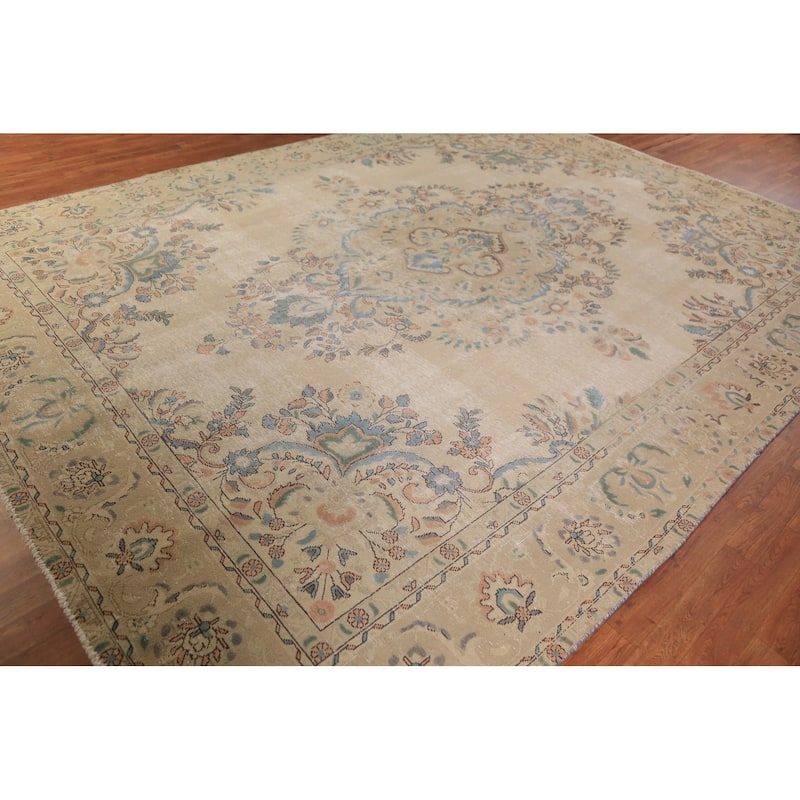 Floral Tabriz Persian Area Rug Beige Bedroom Handmade Wool Carpet - 9'6"x 12'9"
