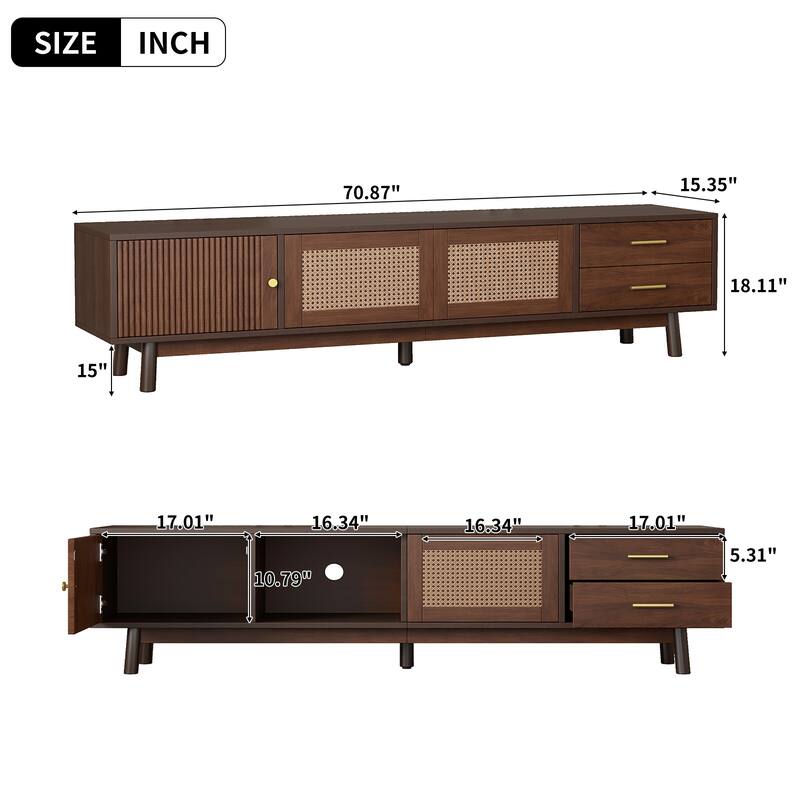 Wooden TV Stand for 80" TVs, TV Media Storage Cabinet with Rattan Sliding Doors and 2 Drawers, Rectangle TV Table Console