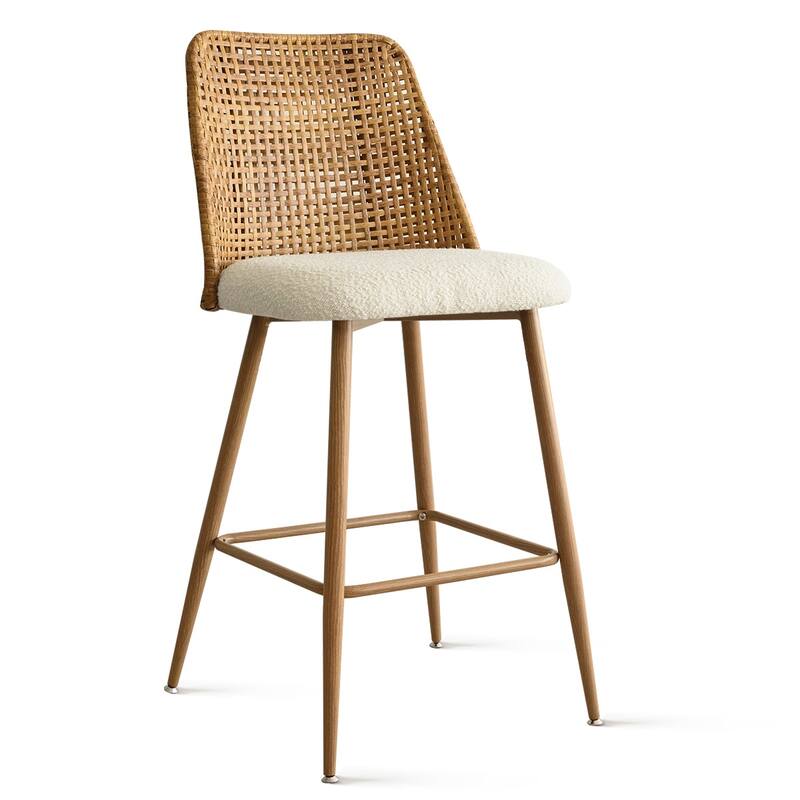 27" Upholstered Boucle Rattan Full Back Counter Stool (Set of 4)