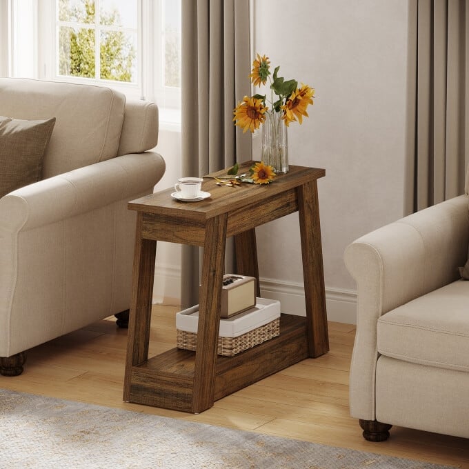 2-Tiers Small End Table, Small Wood Side Table
