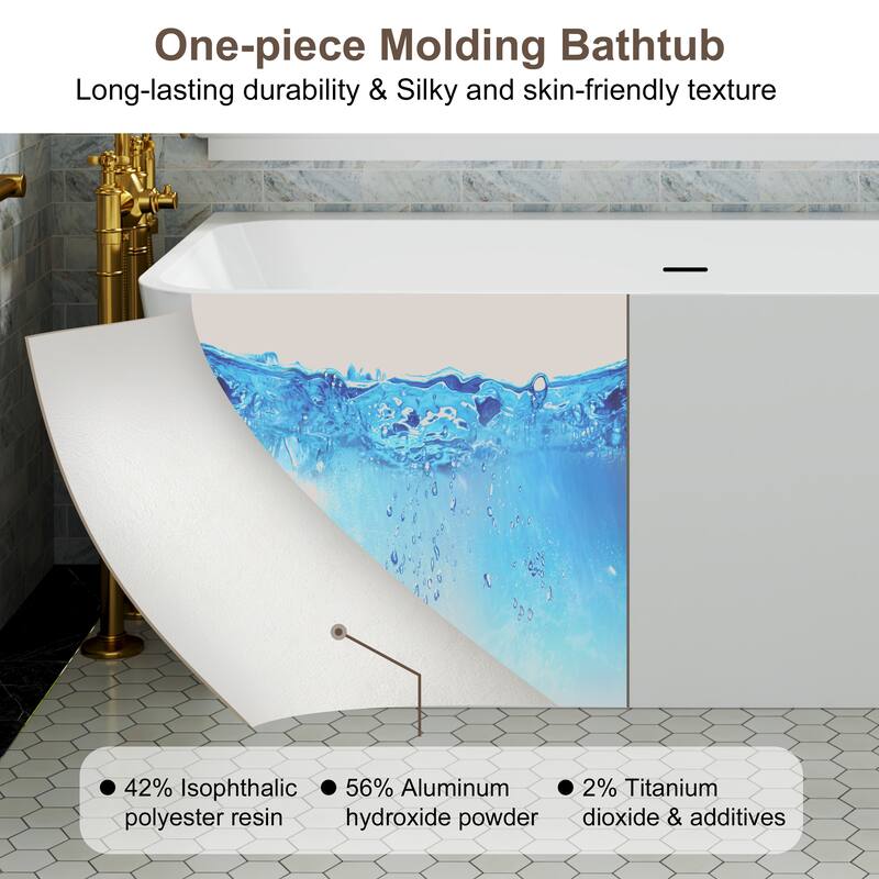 59 in. Freestanding Acrylic Soaking Bathtub, Modern Rectangular Design with Included Drainer