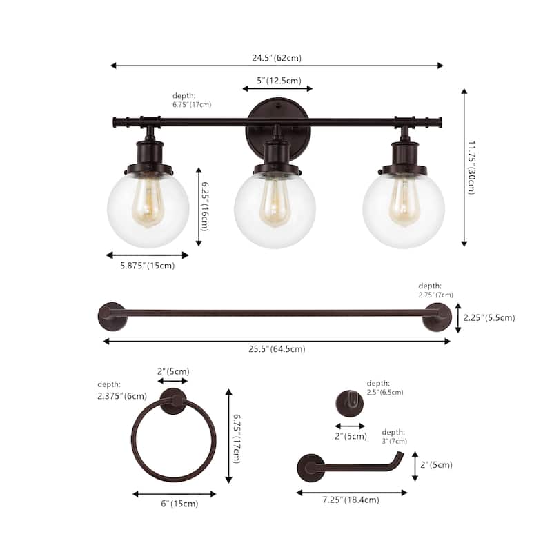 Avalon 24.5" 3-Light Farmhouse Classic Vanity Light with Bathroom Hardware Accessory Set, (5-Piece) by JONATHAN Y