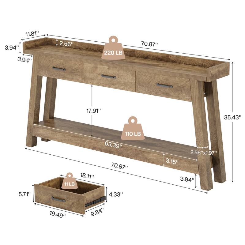 70.9'' Long Console Table with 3-Drawer, 2-Tier Sofa Table for Entryway