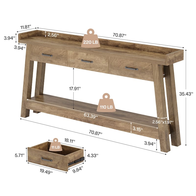 70.9-Inch Sofa Console Table with 3 Drawers, 2-Tier Entryway Table