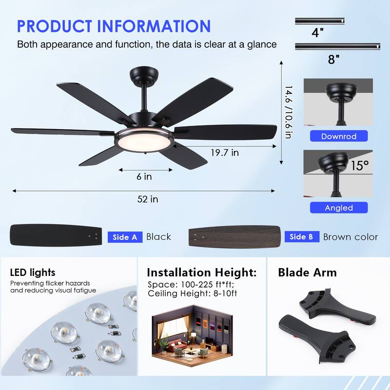 52" Ceiling Fan with Light and Remote,3 Color LED Light,Retracable Blades - 52 Inches