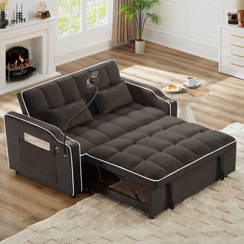 Versatile Foldable Double Seat Recliner,Comfortable Velvet Pull-Out Sleeper Sofa Bed with Side Pockets,Swivel Phone Stand