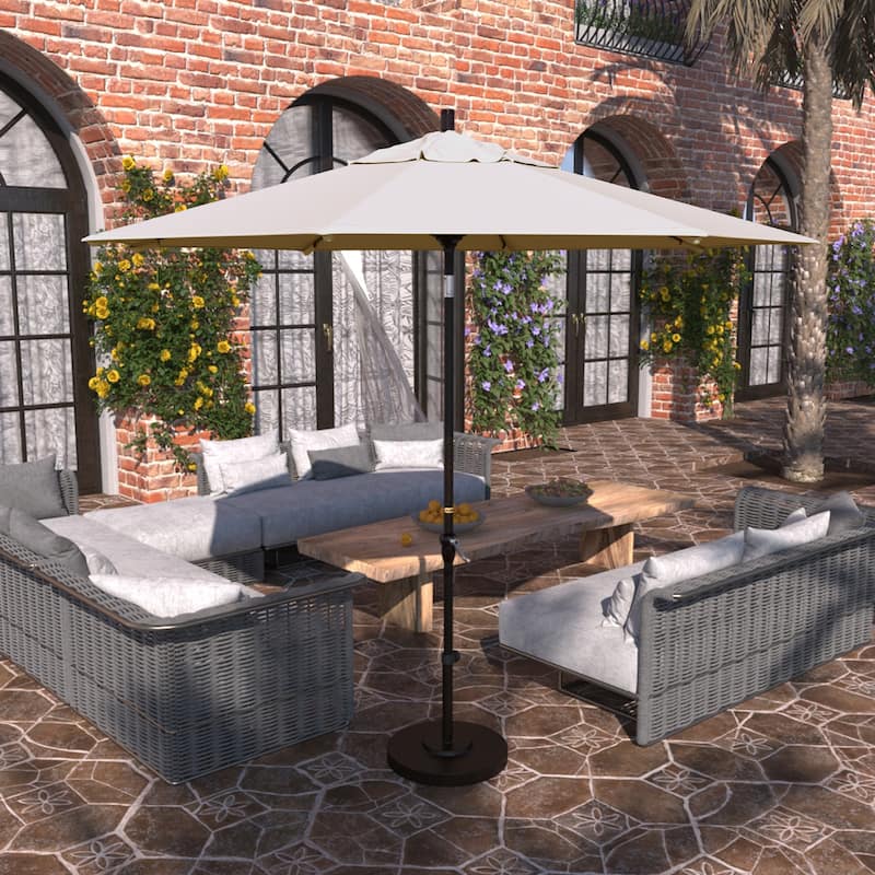 California Umbrella 9' Sunset Series Patio Umbrella Bronze Aluminum Frame and Ribs, Crank Lift Auto Tilt, Pacifica Pacific Blue - Beige
