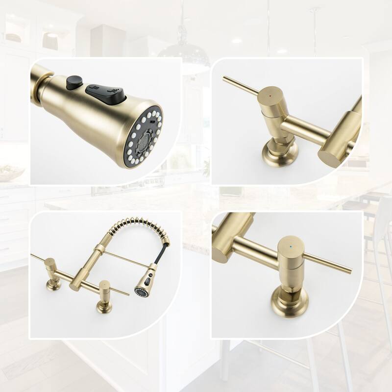 Wall Mounted 3-Way Black/Gold Rotary Kitchen Faucet with Pull Down Sprayer In Stainless Steel