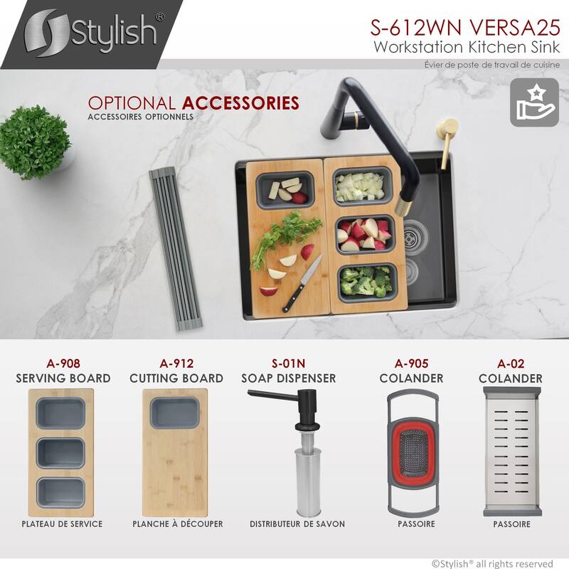 STYLISH 25 inches Workstation Single Bowl Undermount 16 Gauge Stainless Steel Kitchen Sink with Built in Accessories Handmade