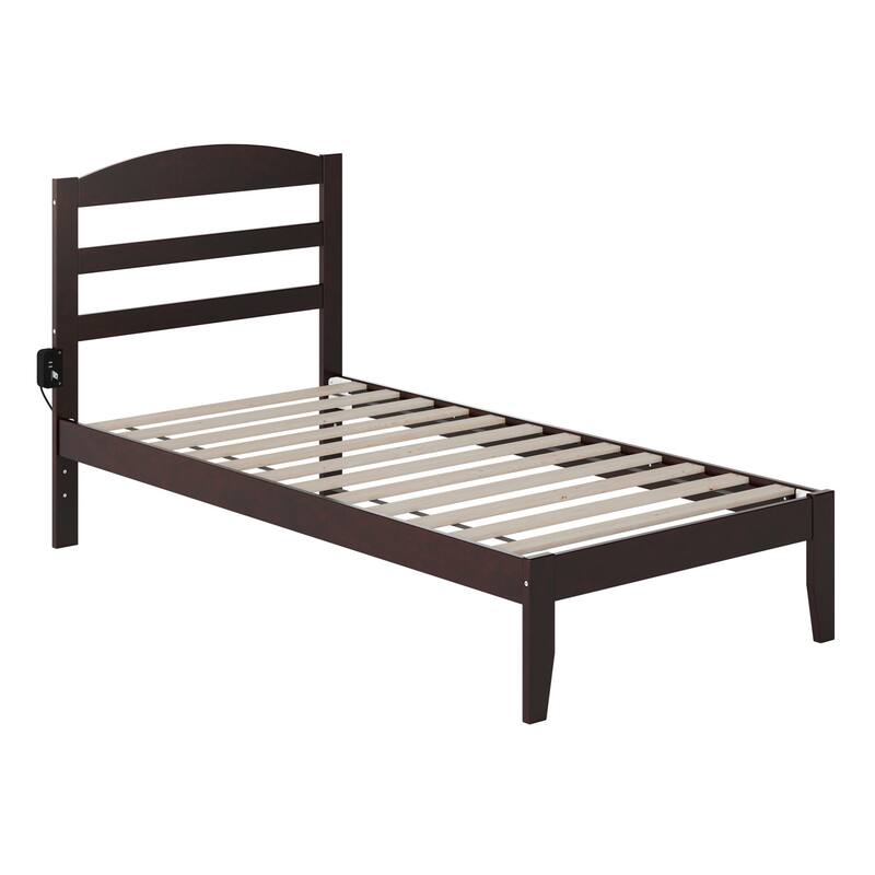 Wood Platform Bed - Twin Size, Espresso Finish - Charging Station & Arched Headboard