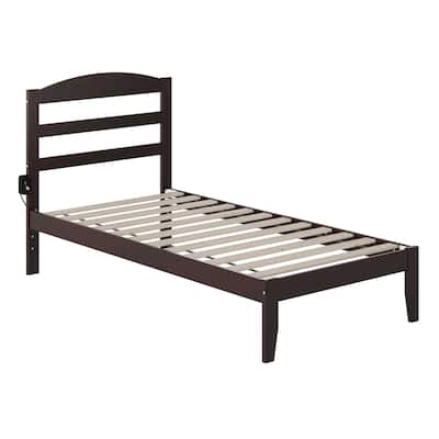 Wood Platform Bed - Twin Size, Espresso Finish - Charging Station & Arched Headboard