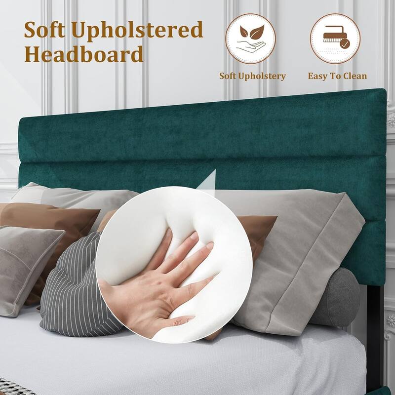 Bedroom Platform Bed Frame with Upholstered Headboard, 14" Underbed Storage, No Box Spring Required