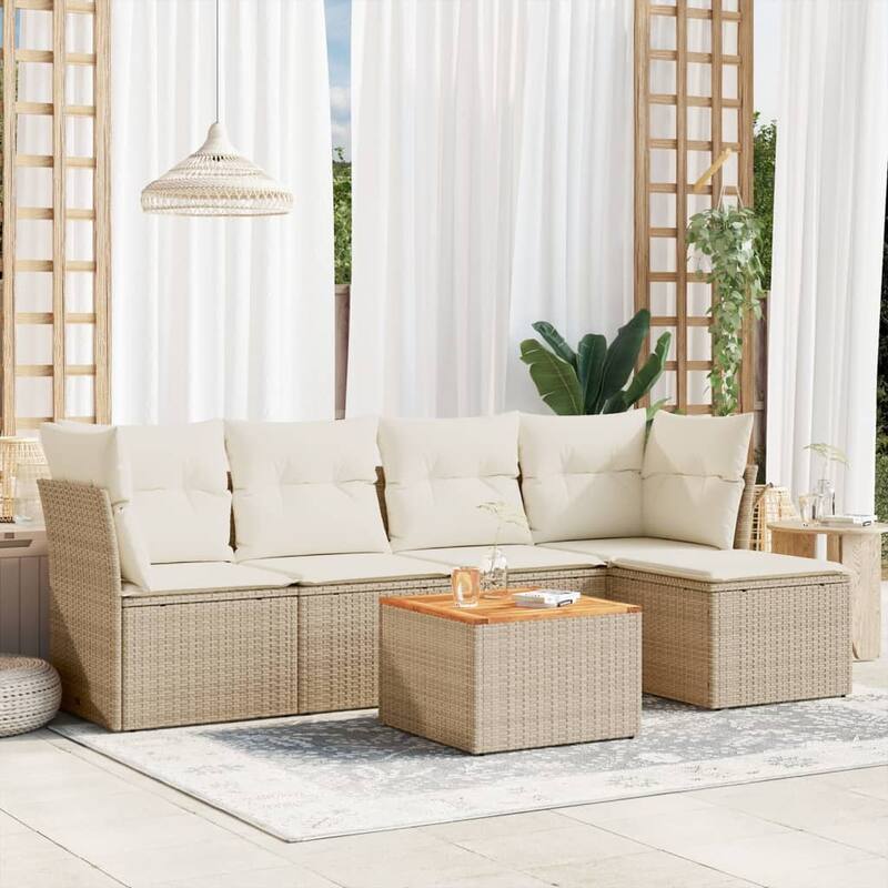 vidaXL Patio Sofa Set with Cushions Outdoor Furniture 6 Piece Poly Rattan - 21.7 x 21.7 x 14.6 - Beige and cream