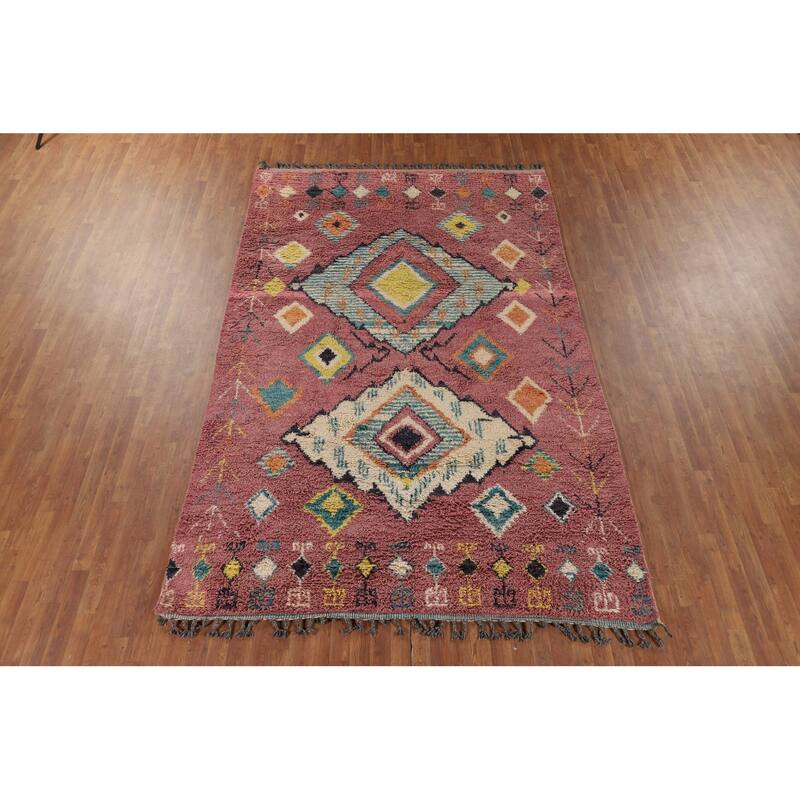 Pink Moroccan Oriental Area Rug Hand-Knotted Wool Carpet - 7'10" x 11'1"