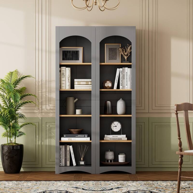 Farmhouse Free Standing 5 Tier Bookshelves Set of 2 with Adjustable Shelves for Versatile Storage - Grey