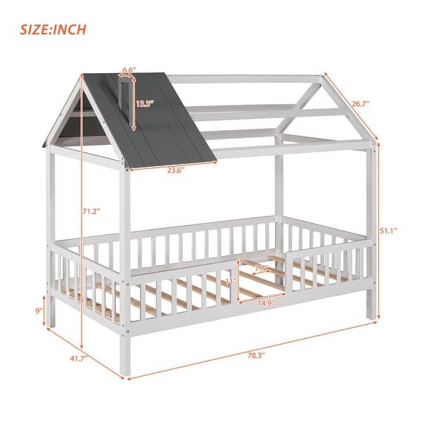 dimension image slide 1 of 3, Twin Size House Bed, Wood Platform Bed Frame with Fence, Montessori Bed with Wood Slats Support for Kids Teens Girls Boys