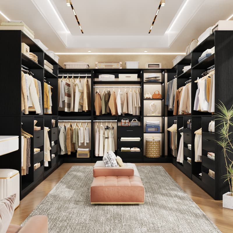 Qvella Corner Closet System with 6 Wooden Drawers and 6 Hanging Rods, Closet Organizer Wardrobe for Walk-in/Reach-in Closet