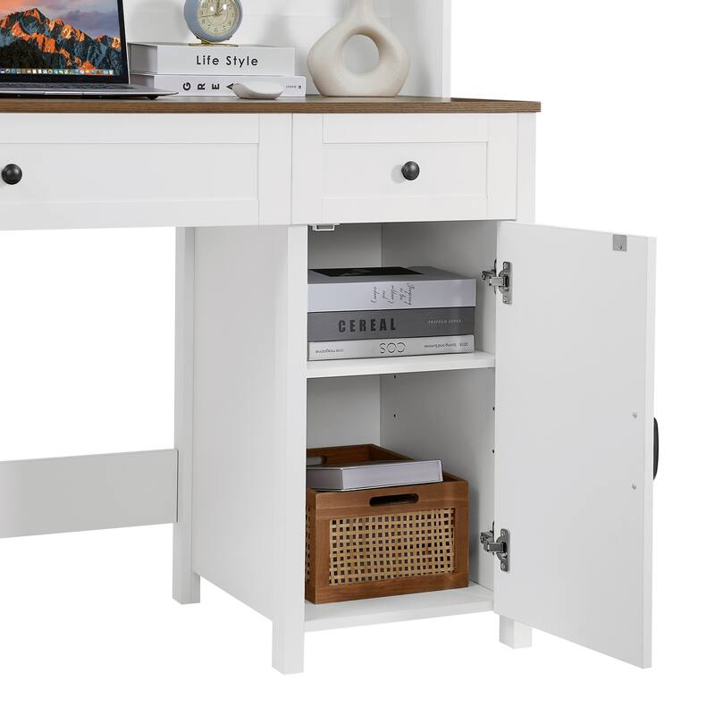 47" Farmhouse Executive Desk with Drawers, Wood Home Office Desk w/Charging Station, File Drawer, Storage Cabinet