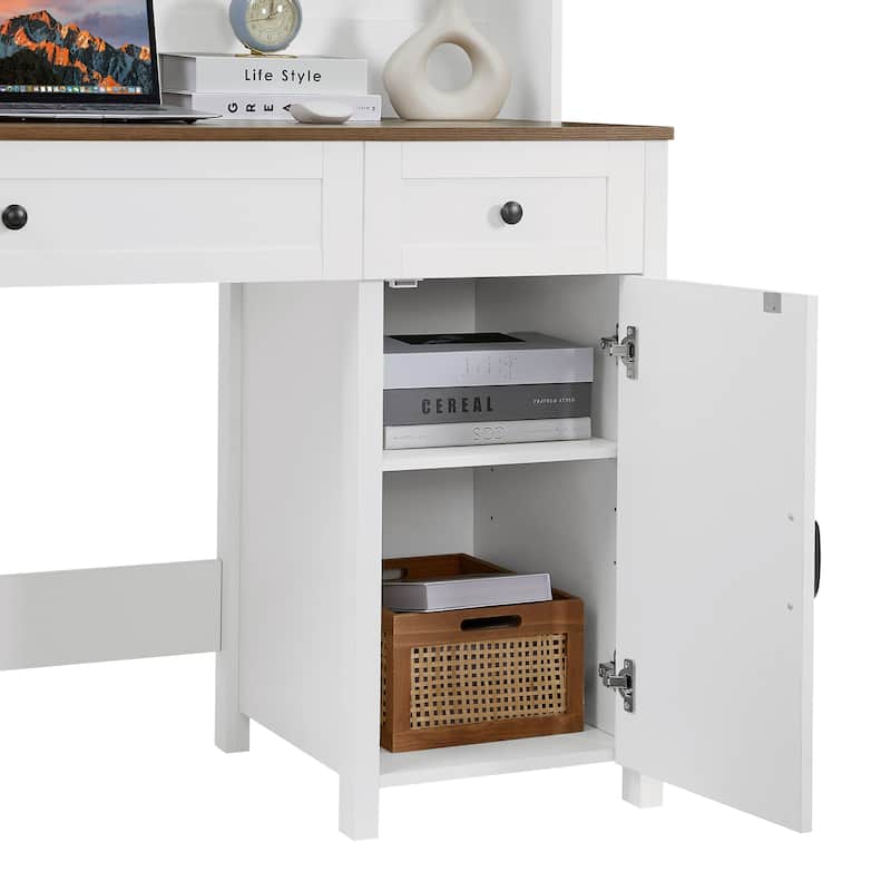 Farmhouse Executive Desk with Drawers, Wood Office Desk wCharging Station, File Drawer, Storage Cabinet, Computer Writing Desk