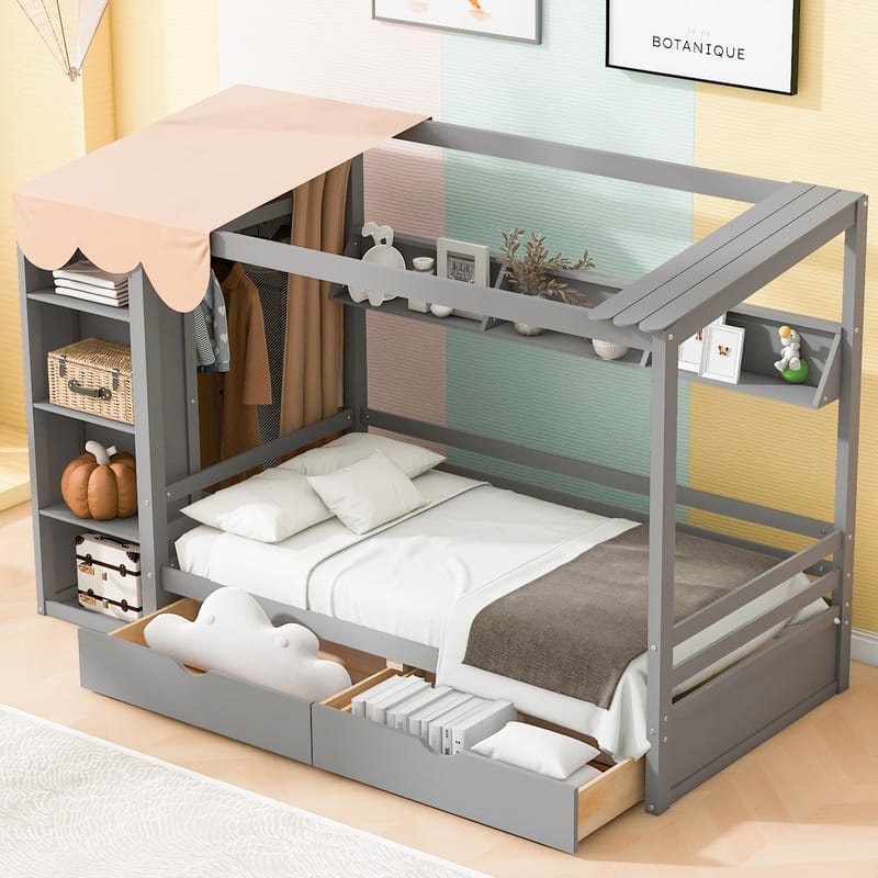 Twin size House Bed with 2 Drawers,Storage Shelf and Wardrobe