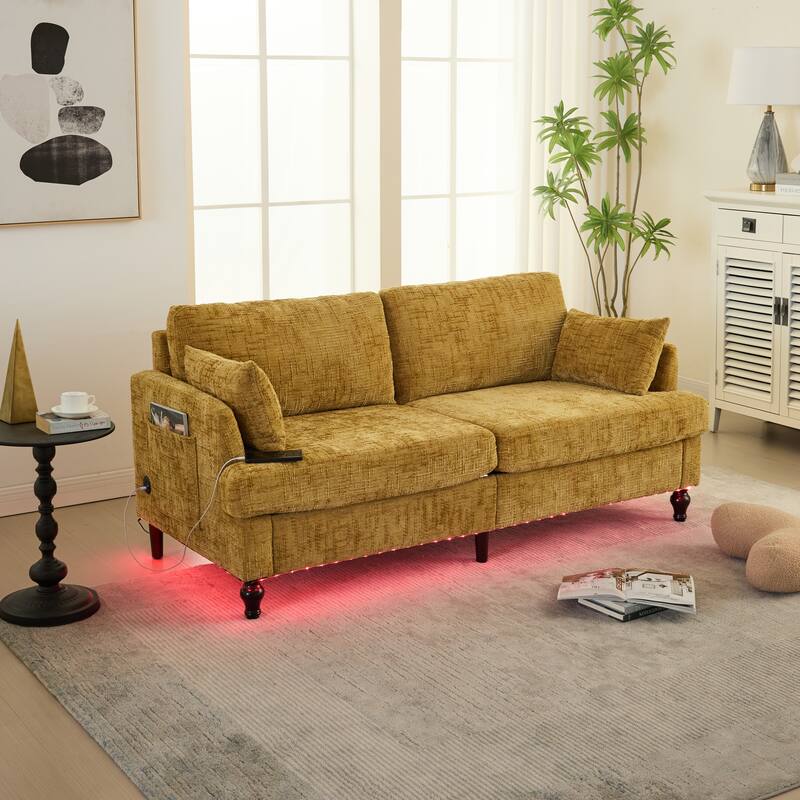 Mustard Yellow Multifunctional Sofa Couch Loveseat with Lights & Side Pocket, 2-Seater Sofa Couch with Charging Port