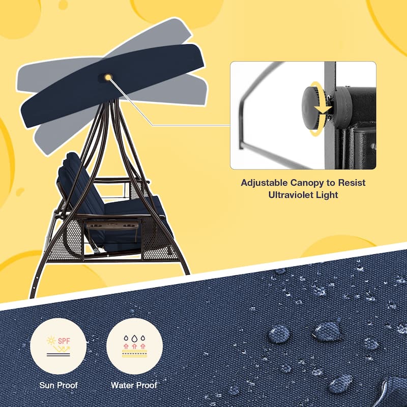 3-Seat Patio Swing with Adjustable Canopy, 750lbs Heavy Duty, Convertible Outdoor Bed, All-Weather, Cup Holders & Thick Cushions