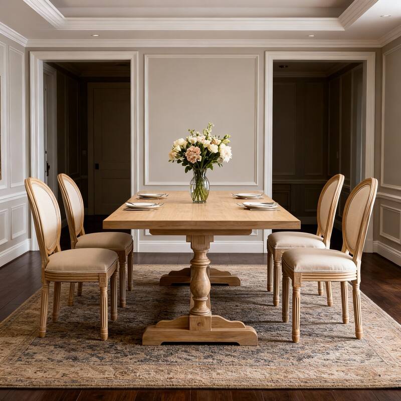 French Style Solid Wood Frame Linen Fabric Oval Back Dining Chair, Set of 2