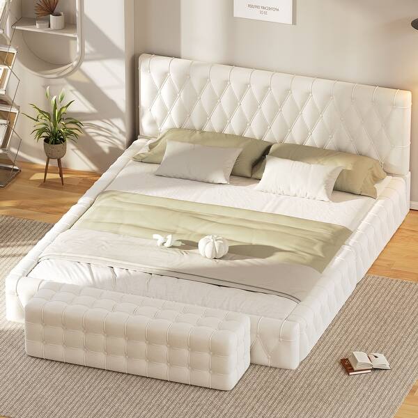 slide 2 of 26, Queen Velvet Upholstered Bed and Ottoman Set for Luxurious Bedrooms White - Queen