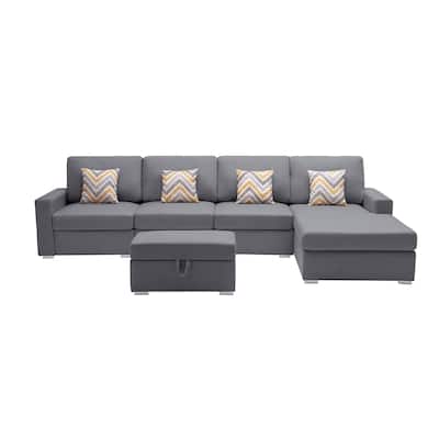 Linen Fabric 5 Piece Reversible Sofa Chaise with Interchangeable Legs and Storage Ottoman in Grey