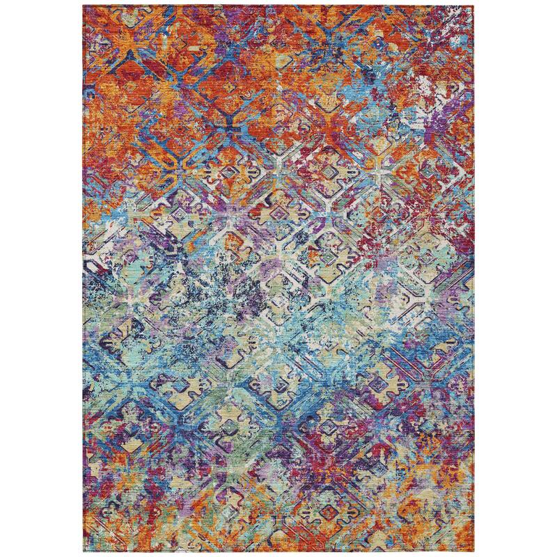 Machine Washable Indoor/ Outdoor Chantille Distressed Diamonds Rug