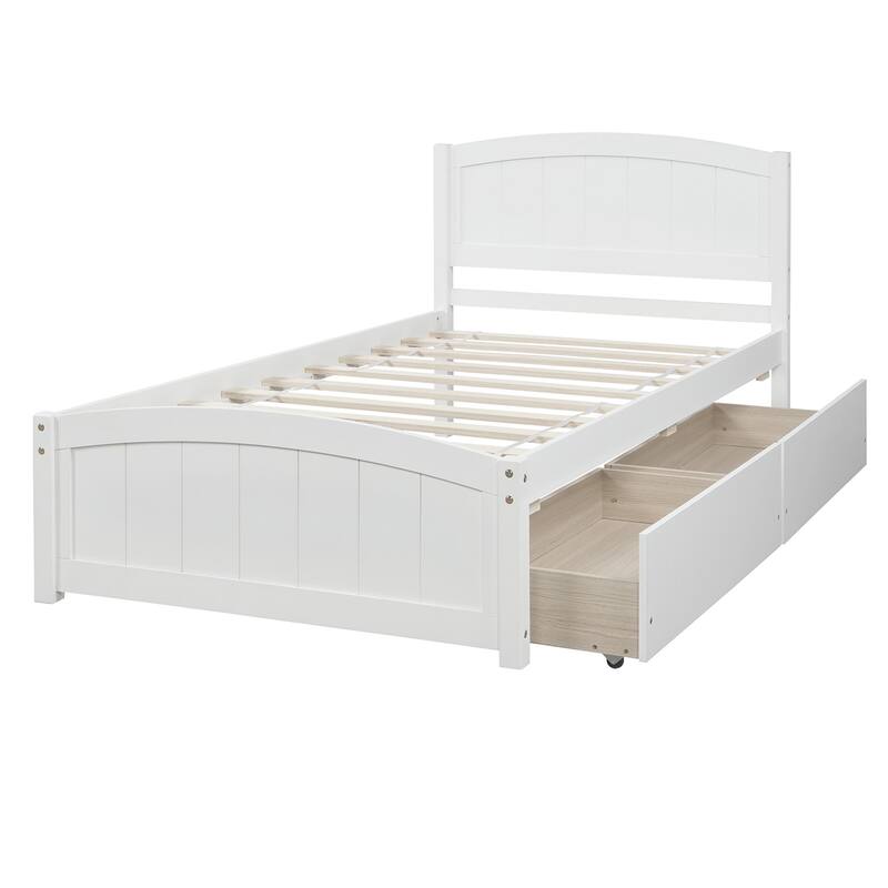 Twin Size White Platform Bed with Two Drawers, Solid Pine Wood Frame