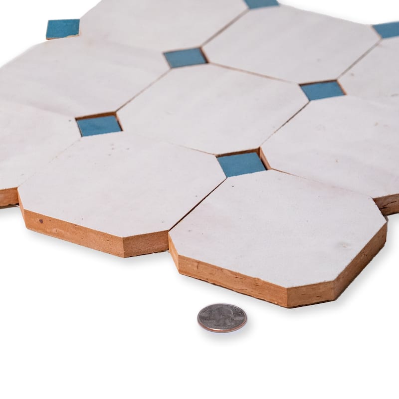 Contemporary Zellige Panels, 12" X 12" X 1/2", White - Maya blue Accents