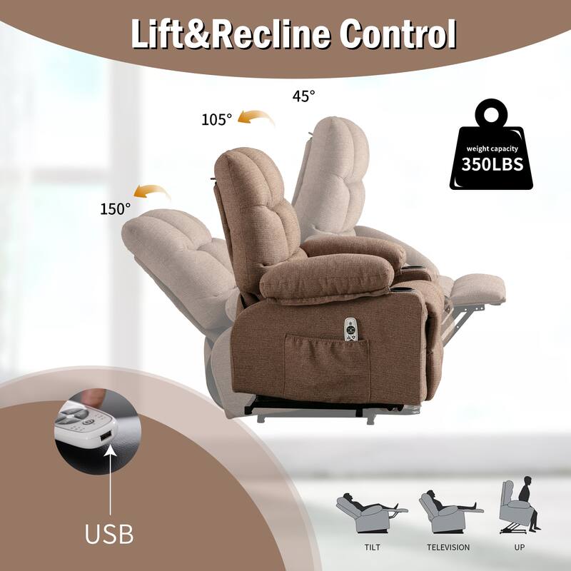 Linen Power Lift Recliner Chair with Massage and Heat, Side Pockets, USB Charge Ports