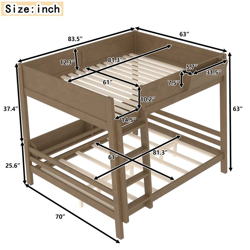 Wooden Bunk Bed Frame with Built-In Storage Shelves, Convertible to Two Beds, No Box Spring Needed