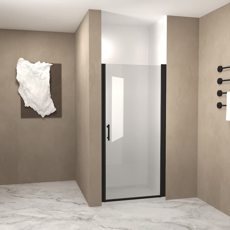 Framed Pivot Shower Door in Matte Black with Stainless Steel Handle