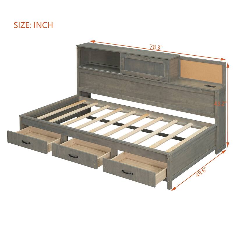Twin Size Wooden Daybed with 3 Storage Drawers, Upper Soft Board, shelf, and a set of Sockets and USB Ports