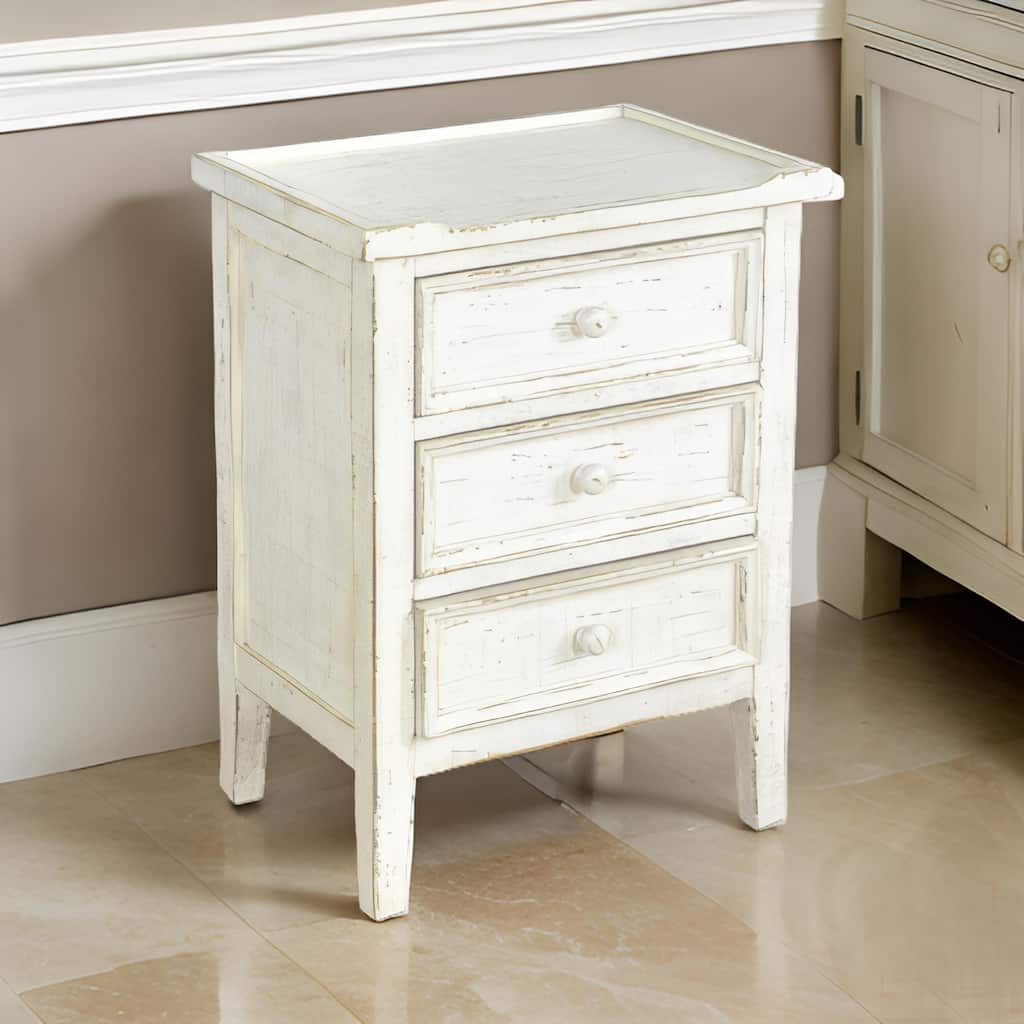 Rena Side End Table with 3 Drawers, 19 Inch Rustic White Mahogany Wood
