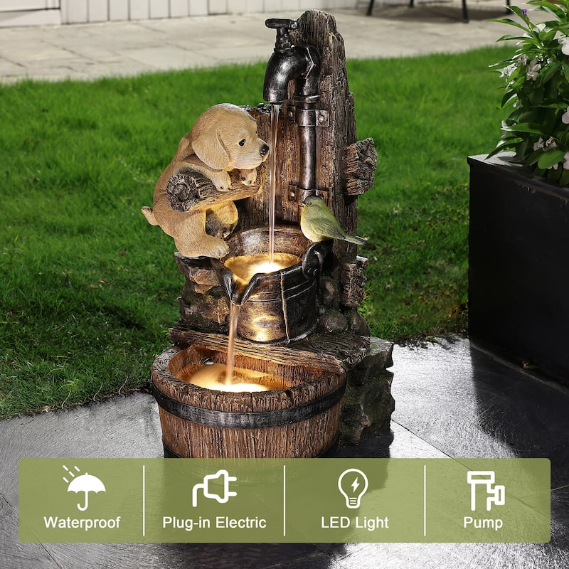 Puppy at the Farmhouse Faucet Resin Outdoor Fountain with Lights
