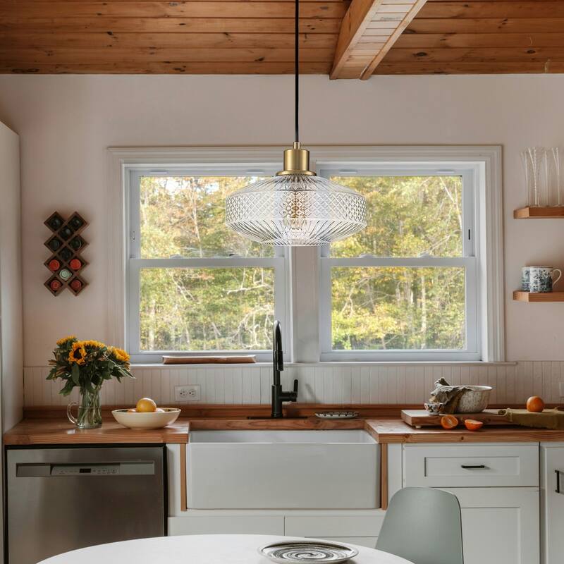 10.24 in. Modern Gold Pendant with Textured Glass, Adjustable Hanging Chandelier