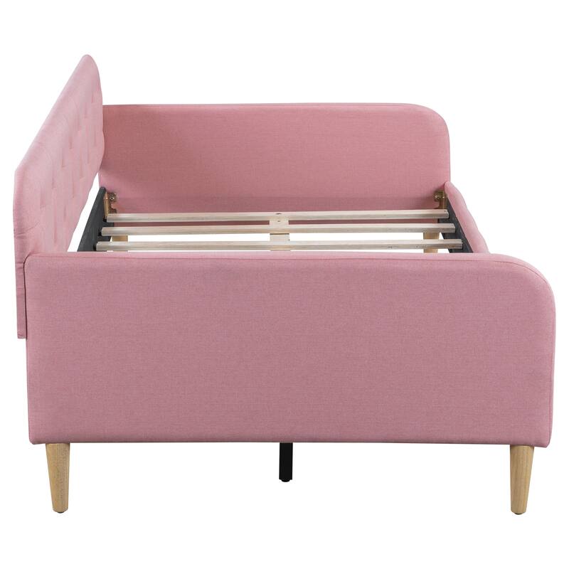 Tufted Upholstered Daybed with 4 Solid Pine Legs, Linen Fabric Sofa Bed Frame, Wooden Slat Support, Easy Assemble